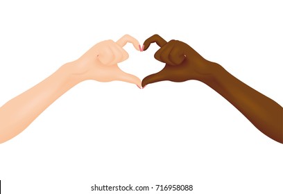 Black and white hands making heart shape. Vector illustration. Interracial friendship concept.