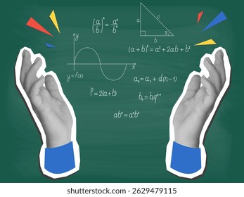 Mãos brancas e pretas e fórmulas matemáticas. Estilo de colagem moderno. Ilustração vetorial