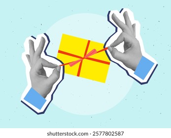 Black and white hands opening a gift box. Modern collage style. Vector illustration