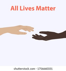 Black and white hands outstretched to each other - vector. All lives matter. Black lives matter