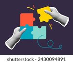 Black and white hands putting together puzzles - modern collage. Vector illustration