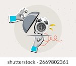 Black and white hands remove the lid from a plate with a ringing alarm clock. Modern collage style. Vector illustration