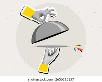 Black and white hands remove the lid from an empty plate - restaurant serving of dish with cloche. Modern collage style. Vector illustration