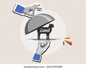 Black and white hands remove the lid from a plate with sheep silhouette - restaurant serving of lamb dish with cloche. Modern collage style. Vector illustration