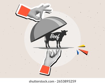 Schwarz-weiße Hände entfernen den Deckel von einem Teller mit Kuh Silhouette - Restaurant serviert Rindfleisch Gericht mit Cloche. Moderner Collage-Stil. Vektorgrafik
