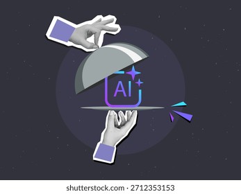 Black and white hands remove the lid from a plate with Ai sign - application of AI in the restaurant business. Modern collage style. Vector illustration