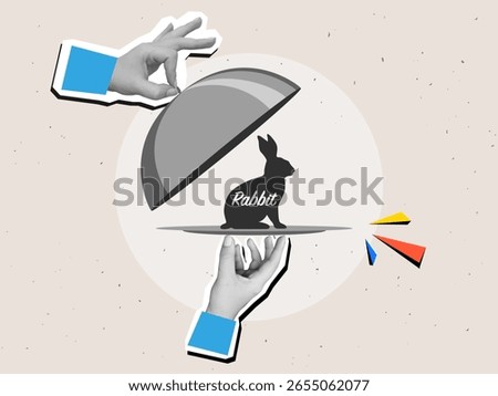 Black and white hands remove the lid from a plate with rabbit silhouette - restaurant serving of dish with cloche. Modern collage style. Vector illustration
