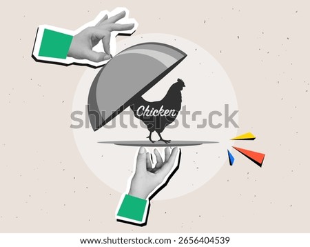 Black and white hands remove the lid from a plate with chicken silhouette - restaurant serving of dish with cloche. Modern collage style. Vector illustration