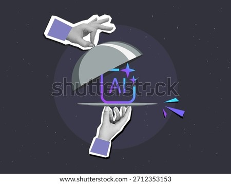 Black and white hands remove the lid from a plate with Ai sign - application of AI in the restaurant business. Modern collage style. Vector illustration
