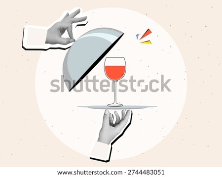 Black and white hands remove the lid from restaurant serving of dish with cloche with a glass of red wine. Modern collage style. Vector illustration