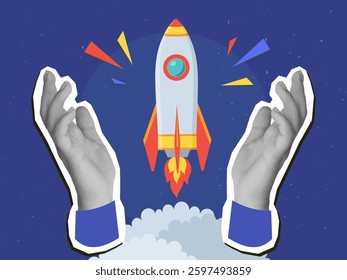 Black and white hands and a rocket taking off. Modern collage style. Vector illustration