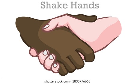 Black and white hands shake hands. Agreement, contract, handshake for peace. Afro American and white human deal. clasp. Icon, symbol draw. White blank background. Illustration vector