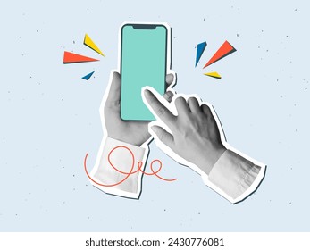 Black and white hands in a white shirt holding a phone with a empty screen. Vector illustration in a modern collage style