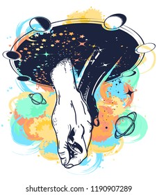 Black and white hands in space tattoo watercolor splashes style. Symbol of tolerance, friendship, multiculturalism, love, t-shirt design. Taking hands with love 