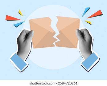 Black and white hands tear an closed envelope. Modern collage style. Vector illustration