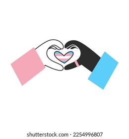 Black and white hands with transgender flag heart and symbol. Trans day of visibility. LGBT equality, diversity, inclusion concept. Vector flat illustration.