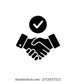 Black and white handshake with checkmark icon for business agreement or partnership