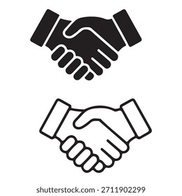 Black and white handshake icon set depicting agreement and partnership.