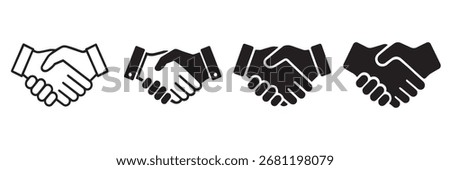 Black and white handshake icon set in vector style. Symbols of business partnership, deal, trust, agreement, and collaboration. Perfect for corporate, teamwork, and contract design.