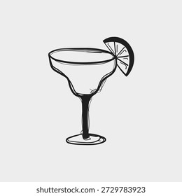 Vector blanco y negro dibujado a mano de un clásico vaso de margarita con adorno de cuña de limón. Estilo minimalista de arte de línea, ideal para menús de bar, recetas de cócteles, diseños de Cinco de Mayo, invitaciones de fiesta, marca de tequila y gráficos de bebidas de verano.