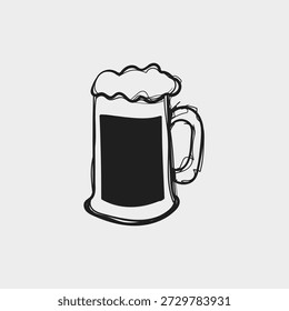 Black and white hand-sketched vector of a classic beer mug overflowing with frothy foam. Simple line art style, ideal for pub menus, Oktoberfest designs, brewery logos, bar signage, and craft beer packaging.