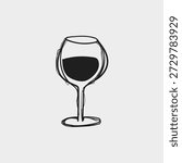 Black and white hand-sketched vector of a large-bowled red wine glass filled with wine. Minimalist line art doodle style, perfect for wine menus, restaurant branding, winery labels, invitations, tasting events and elegant beverage designs.
