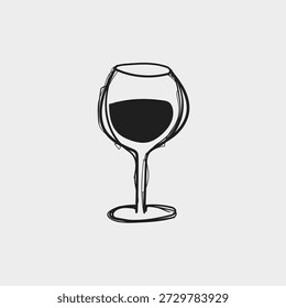 Black and white hand-sketched vector of a large-bowled red wine glass filled with wine. Minimalist line art doodle style, perfect for wine menus, restaurant branding, winery labels, invitations, tasting events and elegant beverage designs.
