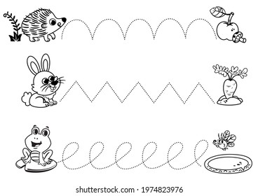 Black and white handwriting practice sheet. Tracing lines for preschool children. Learning to write and to draw. Simple educational game for kids. Vector illustration.
