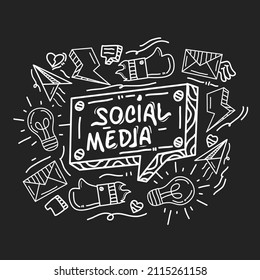 black and white handwritten blackboard style social media icon set design.for background and templates.beautiful doodle art