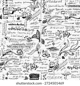 Schwarz-Weiß handgeschriebene Vintage-Notizen Vektor nahtloses Muster mit abstraktem Doodle florale Scribbles und Word-Texte, Skizze Stil Student Workbook Hintergrund