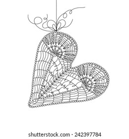 Black and white hanging crochet lace heart, valentine's day card, vector