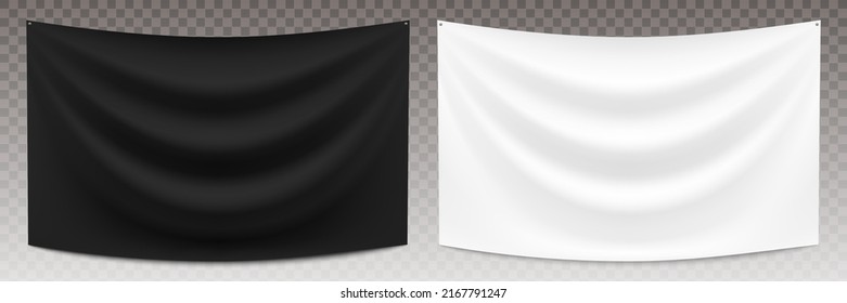 Black and white hanging fabric banners, isolated on transparent background. Textile backdrop realistic vector mockup.