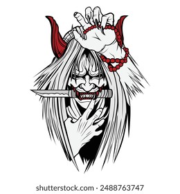 Black and white Hannya tattoo design featuring sharp fangs biting a knife, with striking red horns adding a bold contrast