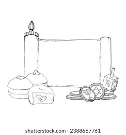 Black and white Hanukkah greeting card template with Torah scroll, traditional donuts, dreidel and coins vector illustration