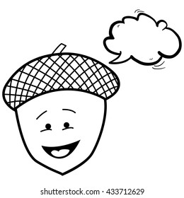 black and white happy acorn with speech bubble cartoon