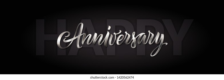 Black and white happy anniversary card. Vector greeting banner with silver text. Vintage 3d lettering. Calligraphy and illustration. Happy anniversary backdrop, party decoration, poster design