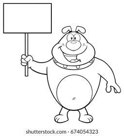 Black And White Happy Bulldog Cartoon Mascot Character Holding A Blank Sign. Vector Illustration Isolated On White Background