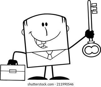 Black And White Happy Businessman With Briefcase Holding A Big Key Cartoon Character