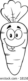 Black And White Happy Carrot Cartoon Character. Vector Illustration Isolated on white