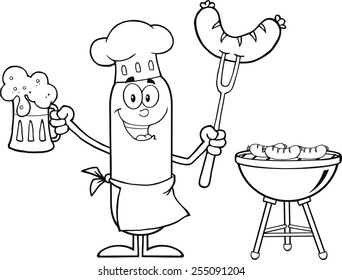 Black And White Happy Chef Sausage Cartoon Character Holding A Beer And Weenie Next To BBQ. Vector Illustration Isolated On White