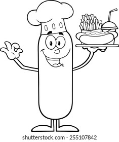 Black And White Happy Chef Sausage Cartoon Character Carrying A Hot Dog, French Fries And Cola. Vector Illustration Isolated On White