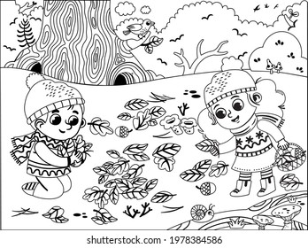 Black and white happy children having fun in Autumn park. Two kids in winter clothes collecting leaves and corns in Autumn. Vector Illustration.
