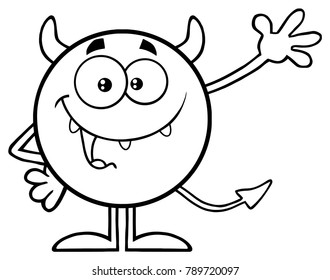 Black And White Happy Devil Cartoon Emoji Character Waving For Greeting. Vector Illustration Isolated On White Background
