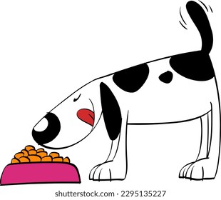 Black and white happy dog smacking because there is feed cute active and friendly vector ready for print cartoon style close side view