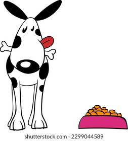 Black and white happy dog smacking because it has a bone and there is feed cute active and friendly vector ready for print cartoon style close front view