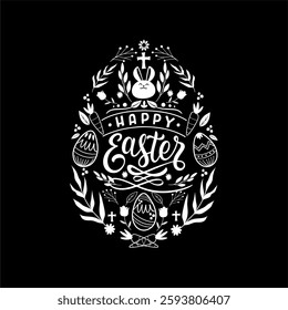 Black and white Happy Easter 2025 typopgraphy greeting card in decorated the egg shape clip arts. Best for Easter greeting, digital prints, t-shirt and flyer. 