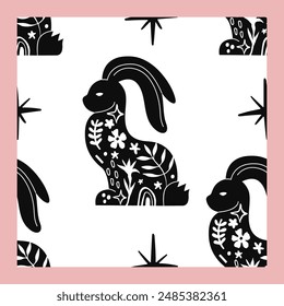 Black and White Happy Easter Linocut Seamless Pattern
