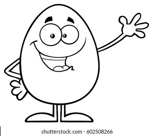 Black And White Happy Egg Cartoon Mascot Character Waving For Greeting. Vector Illustration Isolated On White Background