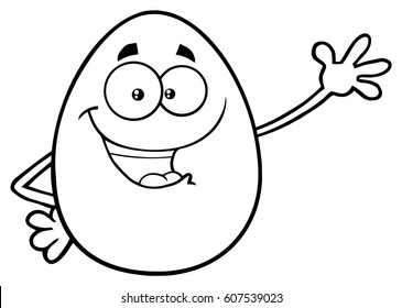 Black And White Happy Egg Cartoon Mascot Character Waving For Greeting. Vector Illustration Isolated On White Background