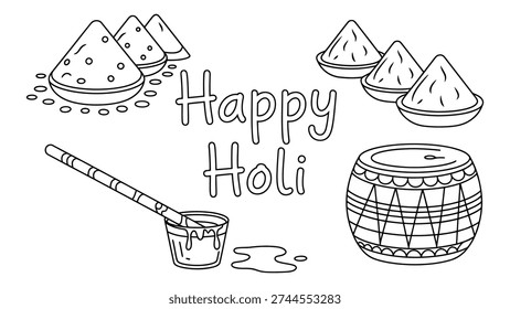 Black and white Happy Holi line drawing with bowls of powder, dhol drum, and pichkari water gun, festive artwork for Hindu spring celebration